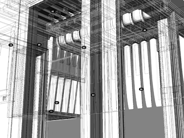 Eine Schwarz-Weiß-Digitalkunstabbildung eines Gebäudes architectural design.