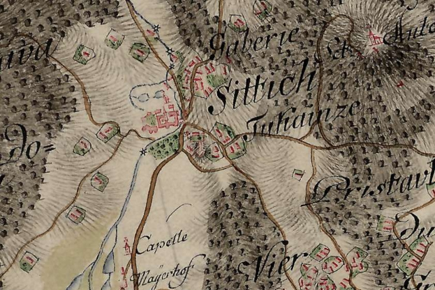 Eine alte Karte von Stuttgart, Deutschland, mit Text und Zahlen, die den Standort der Schlacht von Gettysburg markieren, sowie Informationen zur Stadt, den umliegenden Städten und der Landschaft.