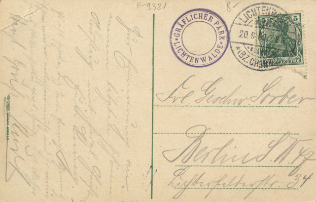 Alte Postkarte mit einer Briefmarke, die "Lichtenwald, Germany - Cover to Germany" lautet, mit handgeschriebenem Text und zwei zusätzlichen Briefmarken in der oberen rechten Ecke.