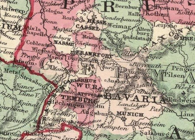 Ein detaillierter alter Plan von Deutschland, der die Provinzen Bayern hervorhebt und mit Text gefüllt ist.