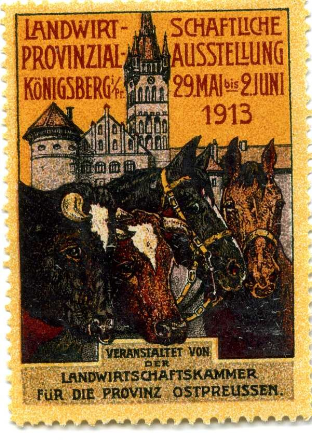 Deutscher Briefmarkenstempel aus etwa 1913 mit drei Kühen und einer Burg, auf der der Text "Landwirtschaftskammer" gedruckt ist.