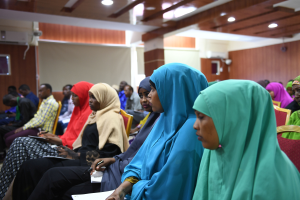 Eine Gruppe von Frauen sitzt in Stühlen in einem Raum mit einer Wand, Deckenlampen und einer Klimaanlage, hält Bücher und Stifte und nimmt an einem Workshop zu Frauenrechten in Nigeria teil.