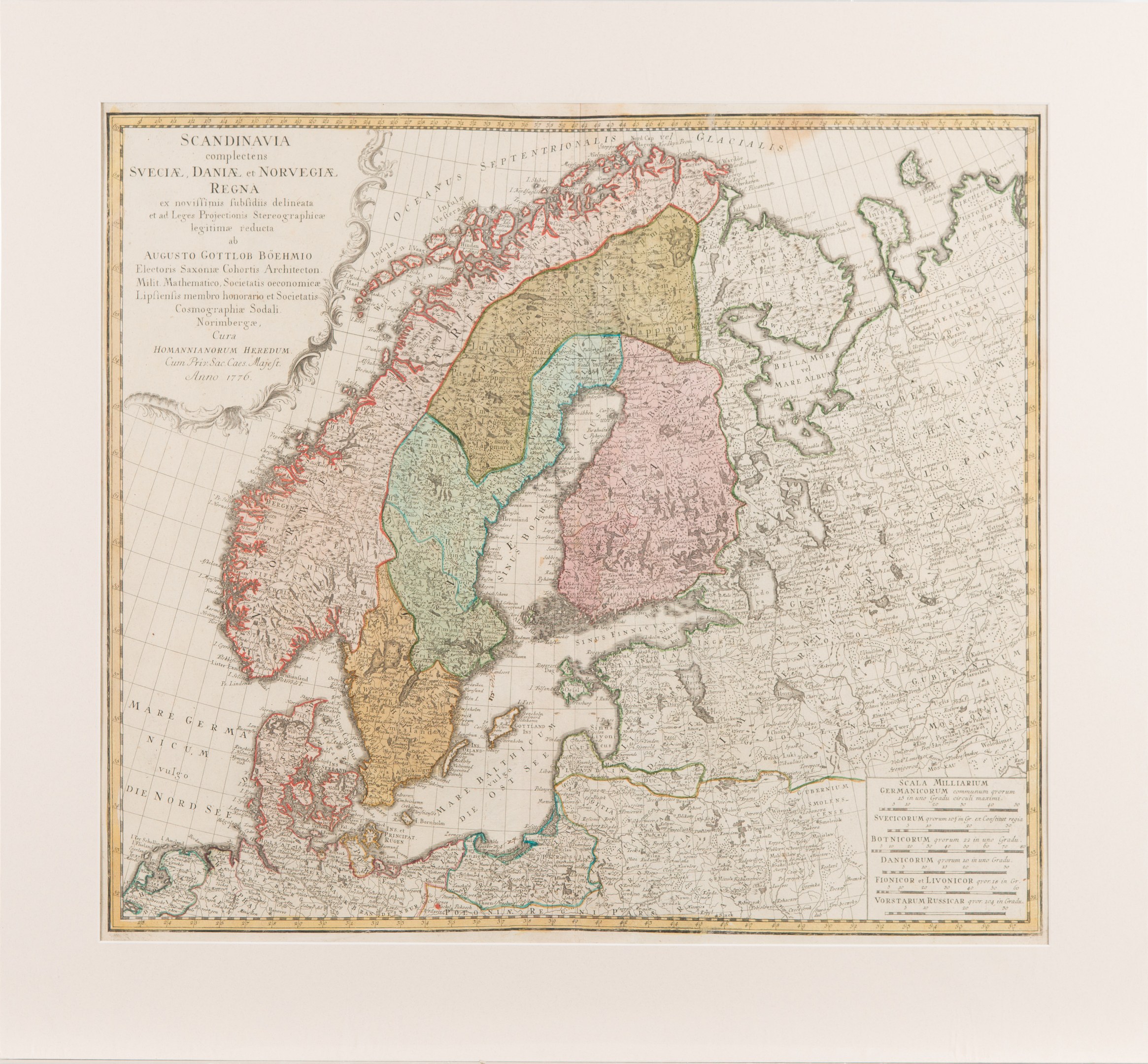 Klassisch gerahmte Landkarte von Skandinavien, die Schweden, Dänemark und Norwegen hervorhebt, mit sichtbaren provinziellen Grenzen.
