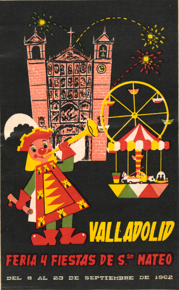 Ein buntes Karnevalsposter mit einem Gebäude, einem Riesenrad, einem Spielzeug und Text, das eine Karnevalsveranstaltung in Valladolid, Spanien, bewirbt.