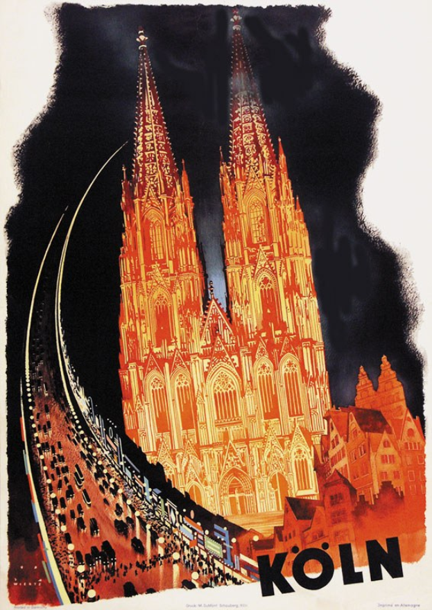 Detailansicht der Kölner Dom-Spitzen und Architektur auf einem Bahnhofsplakat in Köln, Deutschland, mit begleitendem Text.