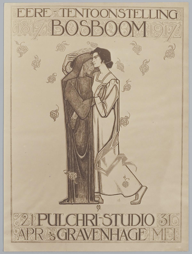 Ein Konzertplakat mit einem Mann in einem Anzug und einer Frau in einer Schürze nebeneinanderstehend mit ernsten Gesichtern, begleitet von Veranstaltungsdetails.