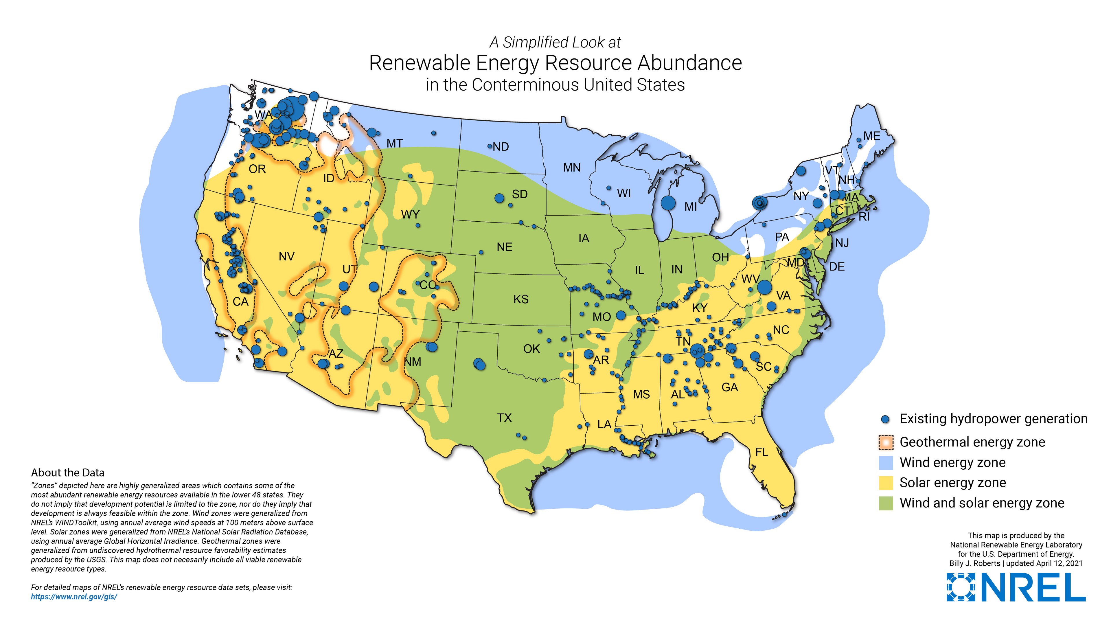 Eine U.S.-Karte mit farbigen Regionen, die die Standorte von erneuerbaren Energiequellen und staatsspezifische Details in begleitendem Text angeben.