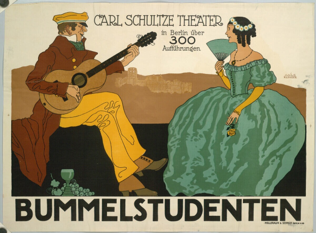 Ein Plakat, das ein Konzert im Carl-Schulze-Theater in Berlin ankündigt, zeigt einen Mann, der eine Gitarre spielt, und eine Frau, die einen Fächer hält, mit Text auf dem Plakat.