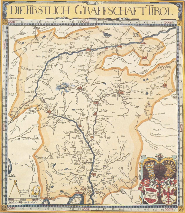 Ein detailliertes historisches Plakat der ersten Grafschaft Tirol-Karte, das geografische Merkmale wie Flüsse, Berge und Städte zeigt, zusammen mit erklärendem Text über die Region und ihre Bewohner.