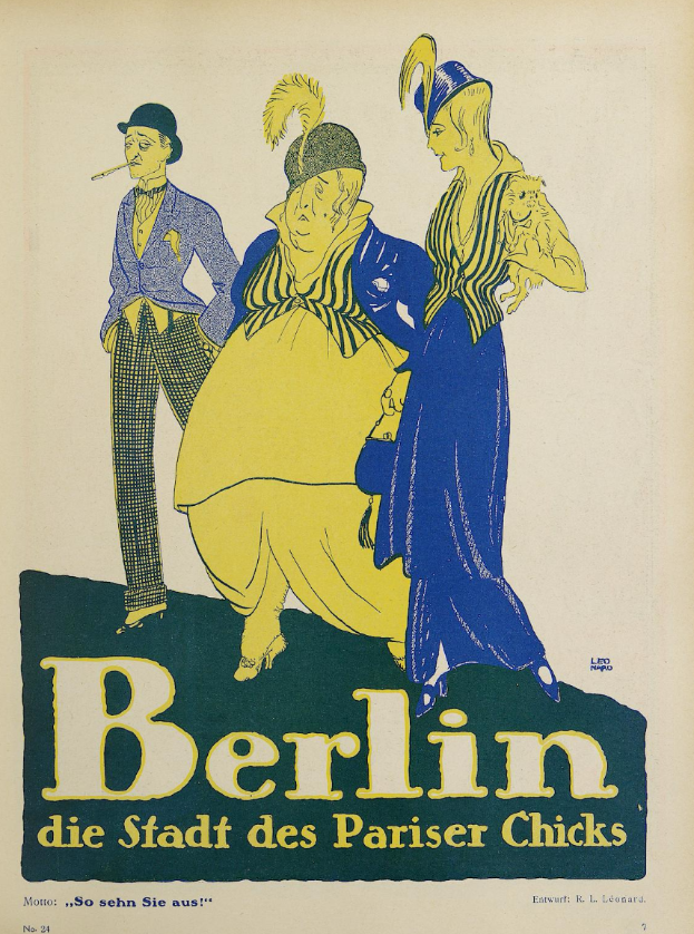 Ein Plakat für ein Konzert in Berlin, Deutschland, das eine Gruppe von Menschen in bunter Kleidung vor einem Gebäude zeigt, mit der Aufschrift 'Berlin - Die Stadt des Pariser Chicks' oben.