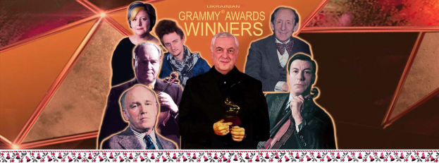 Group of smiling people on stage holding an award, celebrating at the Grammy Awards Winners event.