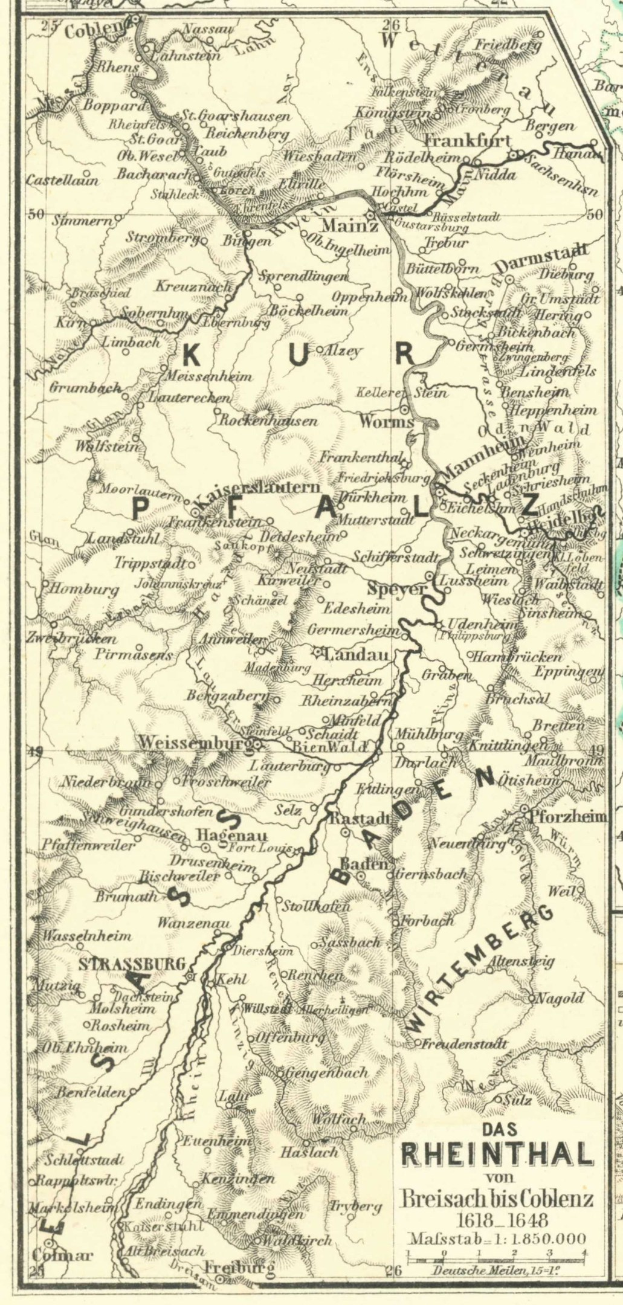 Alte Karte des Rheins in Deutschland, die detaillierte Flüsse, Städte und Gewässer zeigt, mit Text oben und unten.