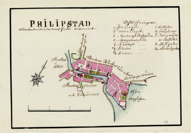 Ein detaillierter Stadtplan von Philippstadt, Deutschland, der Straßen, Gebäude und Sehenswürdigkeiten zeigt, mit handgeschriebenem Text darauf.