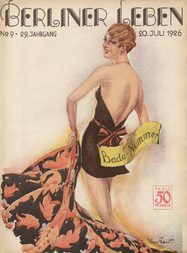 Eine Frau in einem Badeanzug steht auf dem Cover der Berliner Leben Zeitschrift vom Juni 1926, mit einer Stoffbahn in der Hand, und der Zeitschriftenüberschrift quer darüber.