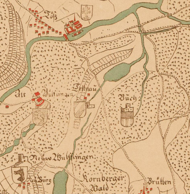Ein detaillierter alter Stadtplan von Berlin, Deutschland, der die Schlacht am Rhein Fluss zeigt, mit beschrifteten Städten, Dörfern und dem Flussverlauf, begleitet von beschreibendem Text über die Schlacht.