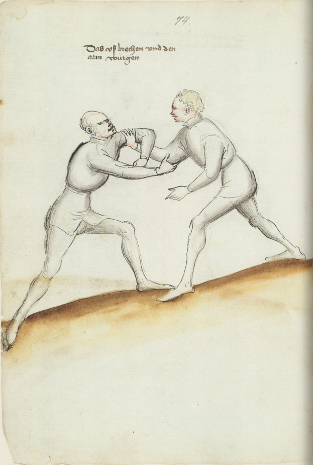 Zwei Männer in einer physischen Auseinandersetzung, einer wirft einen Schlag auf den anderen, der auf einem Papier mit Text steht.