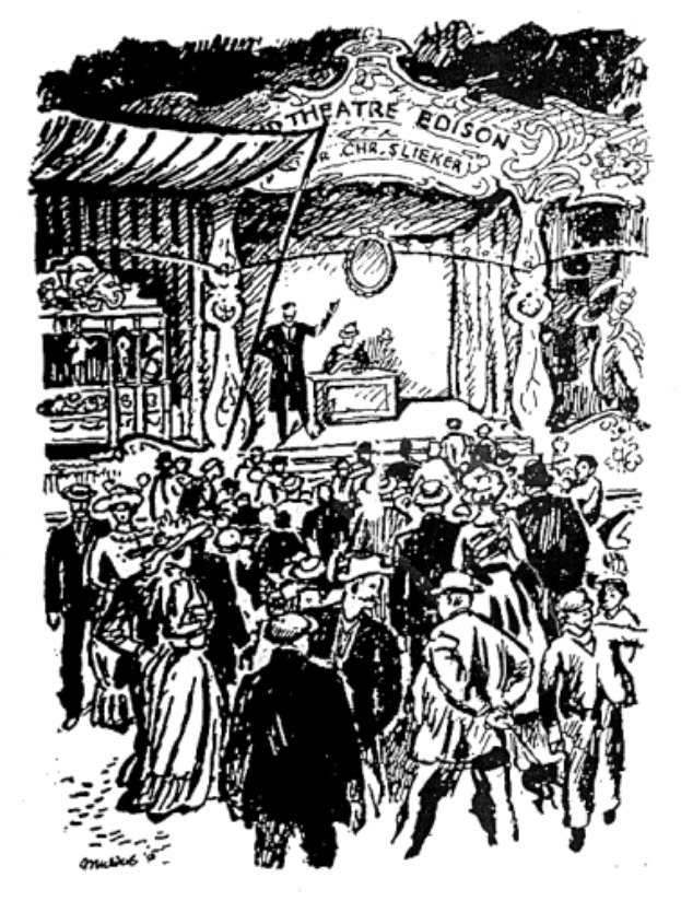 Eine Schwarz-Weiß-Zeichnung einer Menge vor einem Gebäude mit einer Person auf einer zentralen Bühne und einem Text unten, der 'Theatergift von Charles Dickens' lautet.