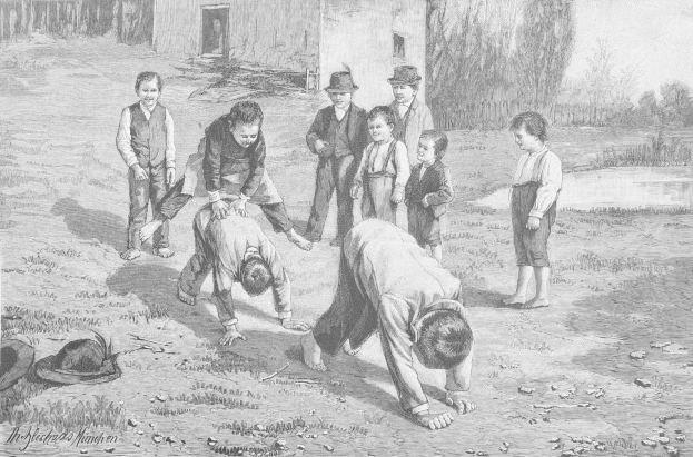 Schwarzes Bild von Kindern, die auf einem Feld spielen, mit zwei Jungen in der Mitte, die kämpfen, und anderen, die zusehen, ein Hut und Text links sichtbar.