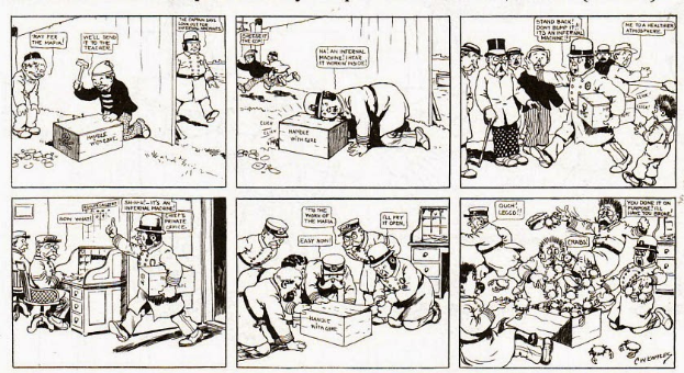 Eine Comicseite mit einem Mann im Anzug und Hut umgeben von Menschen, Kisten und anderen Gegenständen, mit der Aufschrift "Der Mann, der lacht".