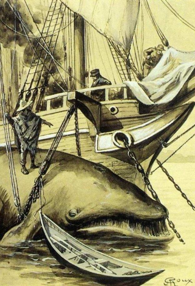 Gemälde eines Bootes mit einem offenen Maulwal in ruhigem Wasser, umgeben von Menschen und Seilen, mit Text unten, der "Roux - Der Wal des Meeres" liest.