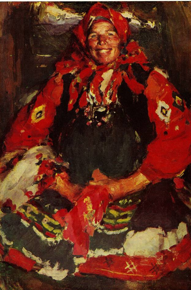Ein Gemälde einer Frau in einem roten, kunstvoll bestickten und perlengeschmückten traditionellen russischen Kleid, das auf einem Stuhl sitzt und warm lächelt, umgeben von leuchtenden Farben, mit 'Gustav Klimt' oben und unten.