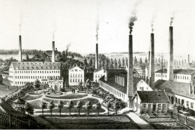 Schwarz-weiß-Zeichnung einer Fabrik mit rauchenden Schornsteinen, umgeben von Gebäuden, Bäumen, Pflanzen, Gras und einem Zaun, beschriftet mit "New York State Penitentiary" unten.