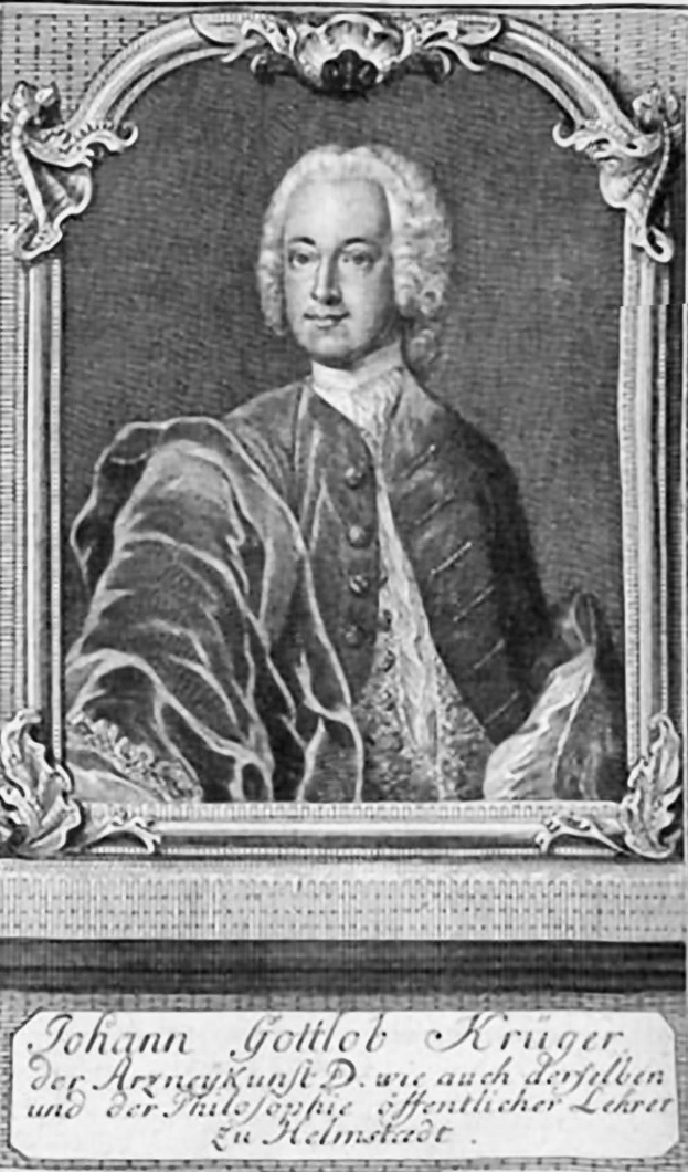 Schwarzes und wei├čes Portr├Ąt von Johann Gottlieb Kruger, einem deutschen Komponisten, der einen Mantel tr├Ągt, mit Text unten auf dem Bild.
