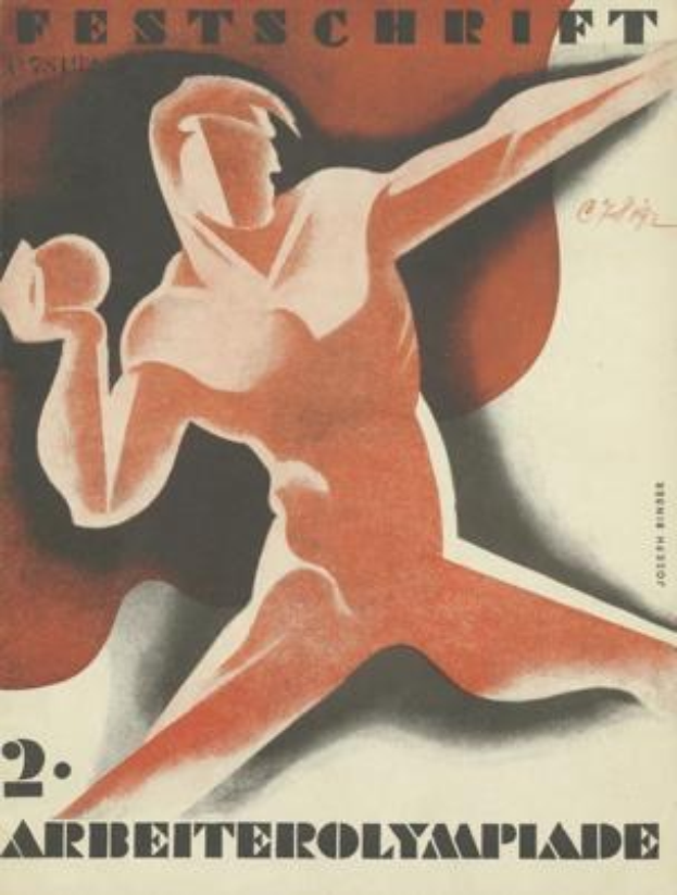 Ein Plakat für die Olympischen Sommerspiele 1932 in Berlin, Deutschland, das eine Person in einem leuchtend gelben Overall mit entschlossener Miene zeigt, umgeben von Text einschließlich "Festschrift" in fetter, schwarzer Schrift.