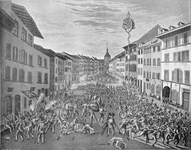 Eine Schwarz-Weiß-Zeichnung einer belebten Stadtstraße mit Gebäuden auf beiden Seiten und einem Himmel im Hintergrund, mit dem Text "The Battle of Stuttgart" unten.