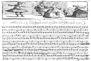 Eine Schwarz-Weiß-Zeichnung einer Gruppe von Menschen in historischer Kleidung, die tanzen, mit einem Notenblatt mit der Aufschrift 'Moores Engagement zur Chirurgie' im Hintergrund.