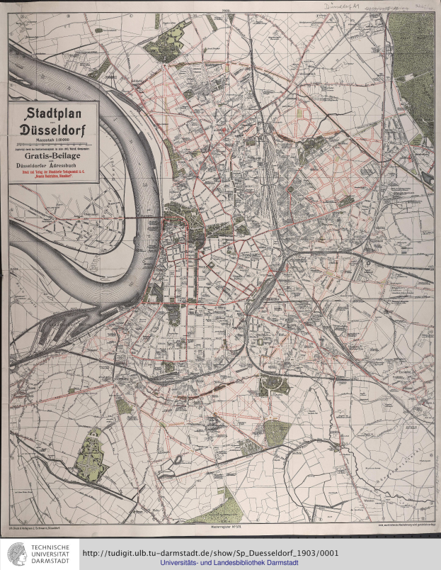 Ein detailliertes altes Stadtplan von Düsseldorf, Deutschland, der Straßen, Gebäude und Sehenswürdigkeiten zeigt, mit Texten, die zusätzliche Stadtinformationen liefern.