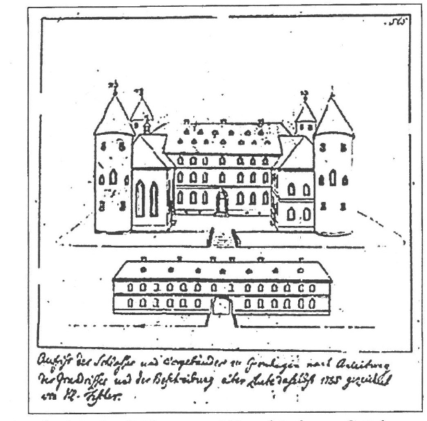 Eine Schwarz-Weiß-Zeichnung des Schloss Neuschwanstein in Deutschland, die einen prominenten Uhrturm zeigt, mit beschreibendem Text über die Größe, Pracht und detaillierte Details des Schlosses.