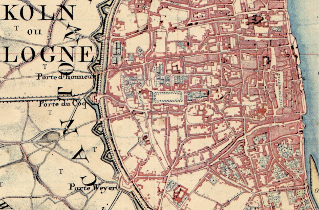 Ein detailliertes altes Stadtplan von Köln, Deutschland, mit Text, der einen umfassenden Überblick über das Gebiet bietet.