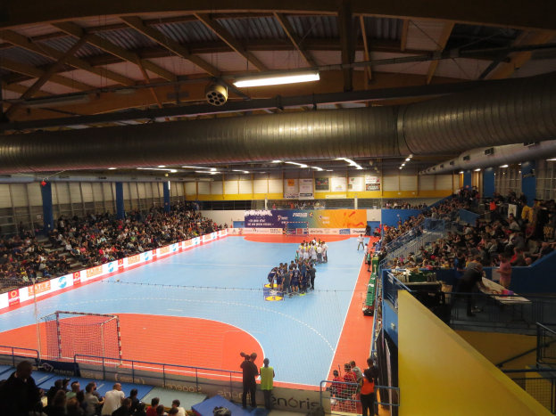 Eine große Halle mit Zuschauern bei einem Handballspiel, mit Sitzplätzen und Stehplätzen, einem Netz auf der linken Seite, Texttafeln im Hintergrund und Beleuchtung und Rohren oben.