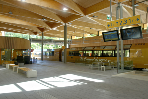 Ein belebter Bahnhof mit einem Zug auf den Schienen, umgeben von Bänken, Tischen, Pfählen, Schildern, Laternen und Bäumen, und voller Menschen, die auf den Zug warten.