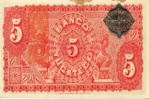 Eine rote und schwarze Fünf-Bancos-Banknote der American Bank of New York mit einem Porträt eines Mannes und einem Nennwert von 5 Yucatec.