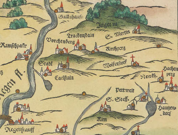 Ein altes Stadtplan von Köln, Deutschland, mit üppigen grünen Bäumen, kleinen gemütlichen Häusern und dekorativem Text.