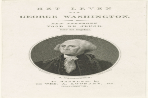 Porträt von George Washington auf einem Dokument, frontal mit ernstem Gesichtsausdruck, im Anzug und Krawatte.