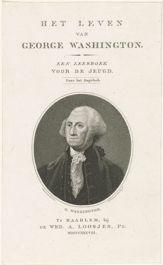Porträt von George Washington auf einem Dokument, frontal mit ernstem Gesichtsausdruck, im Anzug und Krawatte.