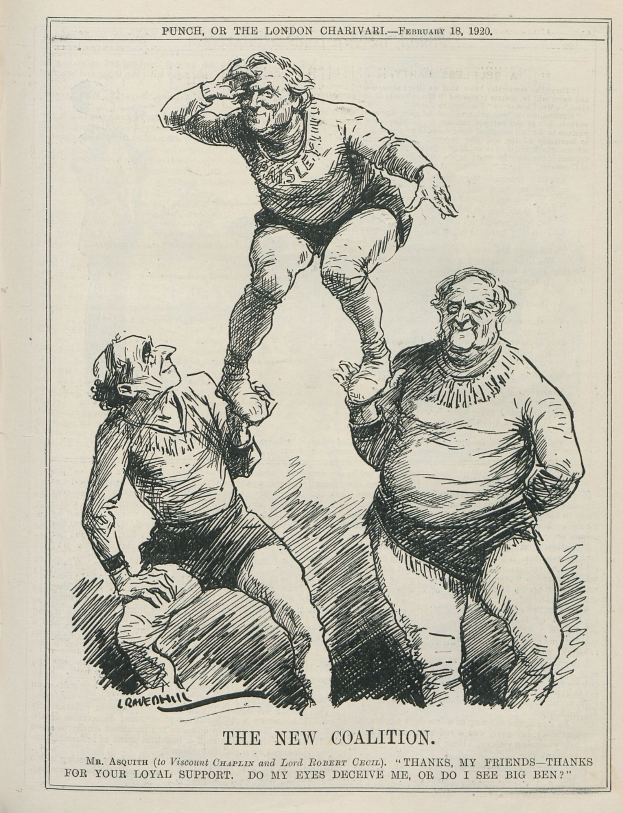 Ein historischer politischer Cartoon mit dem Titel "Die neue Koalition" aus Punch, oder der Londoner Charivari vom Februar 18, 1920, der drei besorgte Gestalten zeigt, wobei die mittlere Figur mit ausgestreckten Armen in Verzweiflung gerät.