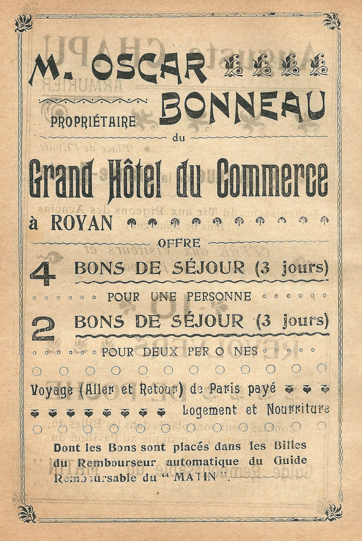 Schwarz-weiß-Anzeige für das Grand Hotel du Commerce in Paris mit Text zur Bewerbung der Hoteldienste.