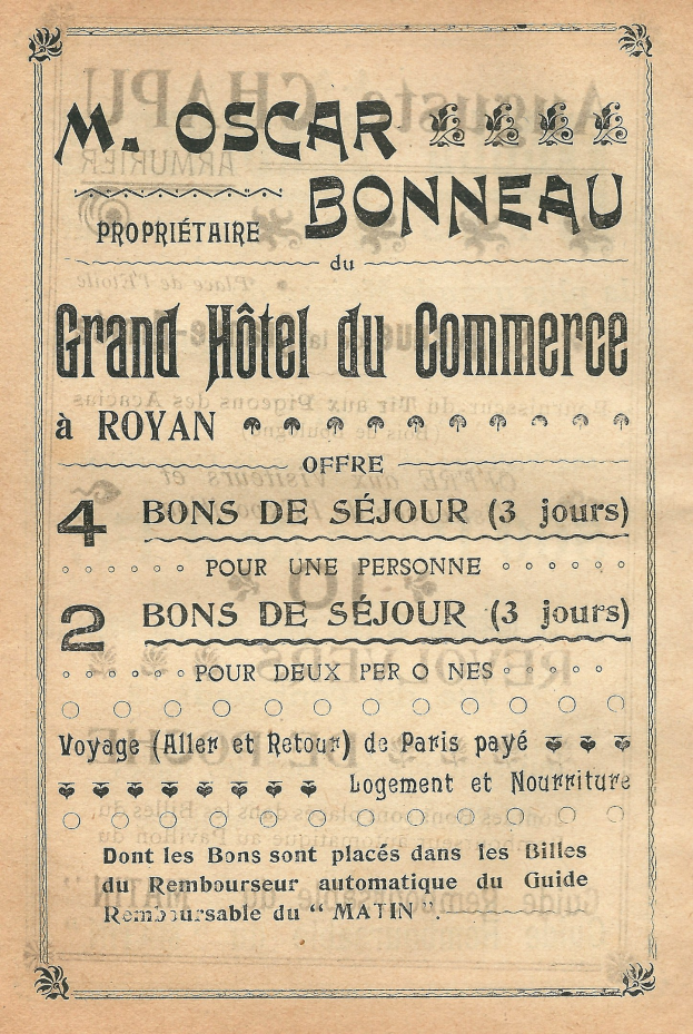 Schwarz-weiß-Anzeige für das Grand Hotel du Commerce in Paris mit Text zur Bewerbung der Hoteldienste.