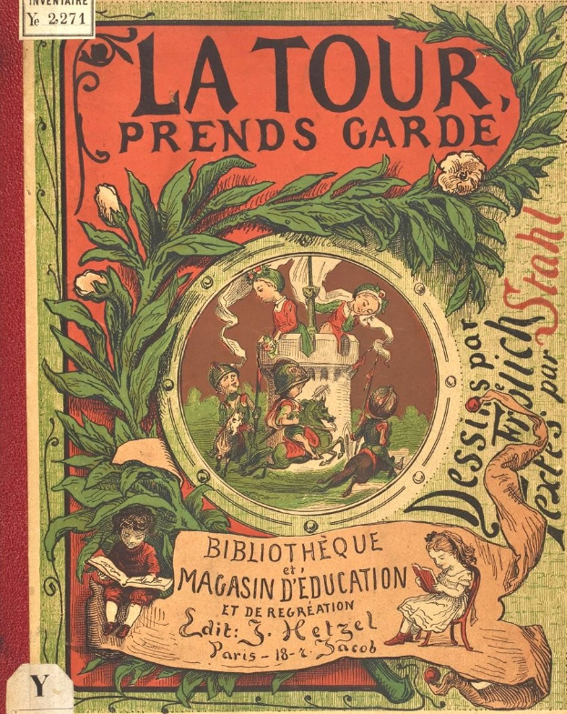 Buchumschlag mit Kindern, die in einem üppigen Garten mit grünen Blättern und bunten Blüten spielen, Titel "La Tour Prends Garde" sichtbar.