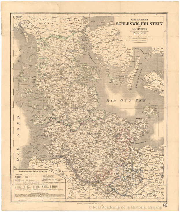 Ein altes Deutschland-Karte, das Schleswig-Holstein und den Rhein hervorhebt, mit detaillierten Texten über die Region.
