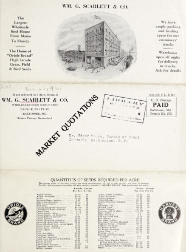 Eine alte Werbung für W.M. G. Scarlett & Co. mit einem zentralen Gebäudebild, umgeben von Text und Logos, die die Produkte und Dienstleistungen des Unternehmens bewerben.