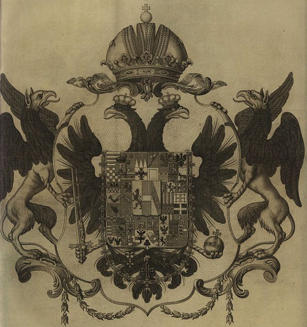 Ein Buch mit einer Zeichnung des Wappens des Deutschen Reiches, das zwei Greifen und eine Krone darauf zeigt.