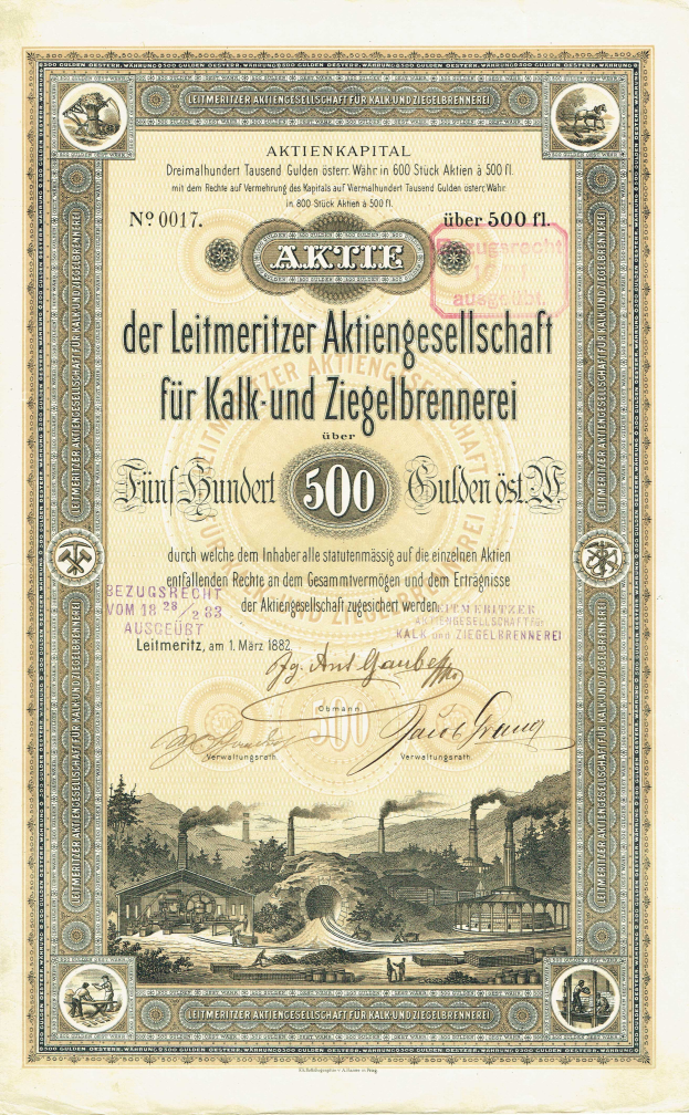 Ein altes deutsches Aktienzertifikat mit einer Fabriklustration und gedrucktem Text.